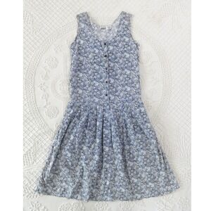 Vintage 90s Trend Basics Blue Floral Cotton Drop Waist Midi Dress Pockets Small